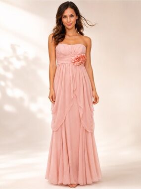 Alex & Sophia Blush Pink Strapless Chiffon Maxi Dress Romantic Bridesmaid Gown